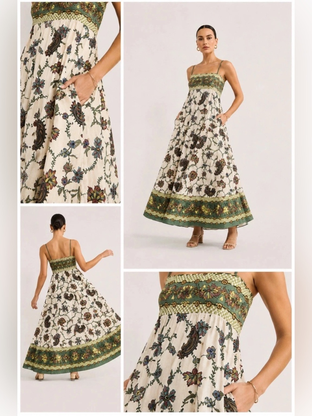 Viral Caroline Constas Floral Green Cream Maxi Sun Dress